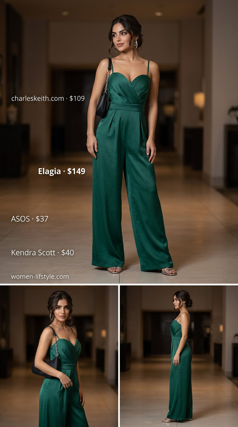 Emerald green jumpsuit for elegant evening date outfits summer for women 2026. Silver hoops, black bag, silver sandals.