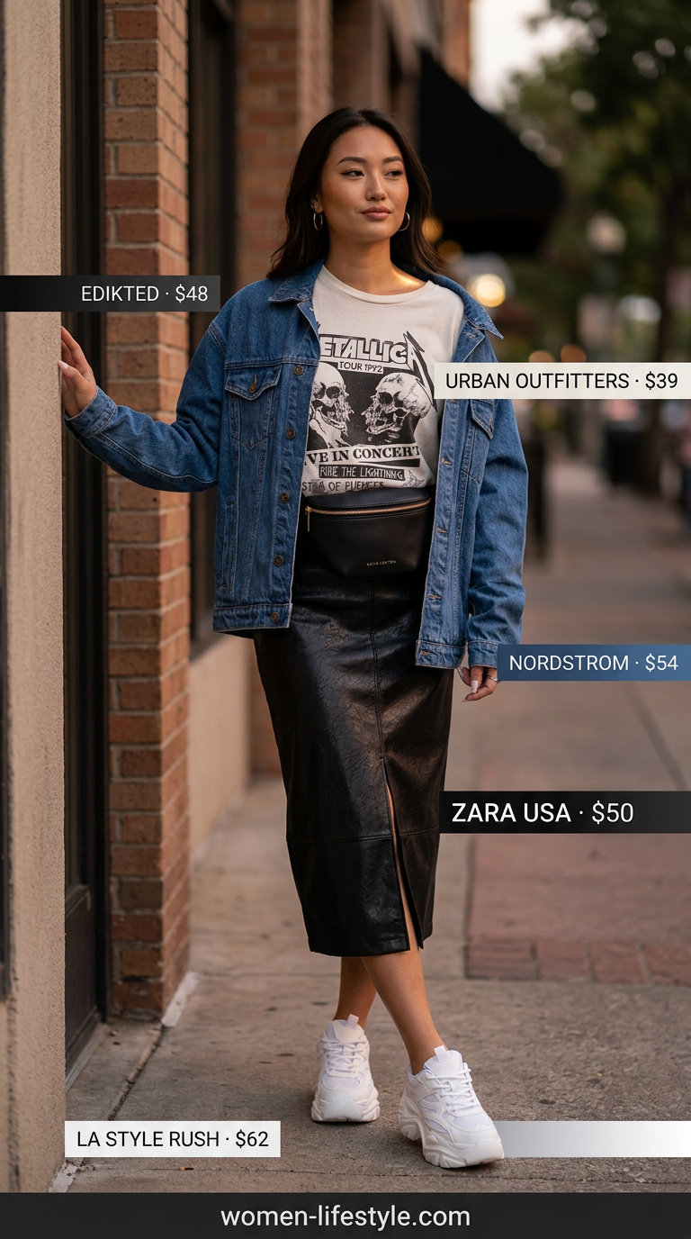 Edgy black faux leather midi skirt with graphic tee for summer evening date outfits women 2026. Cool and casual.