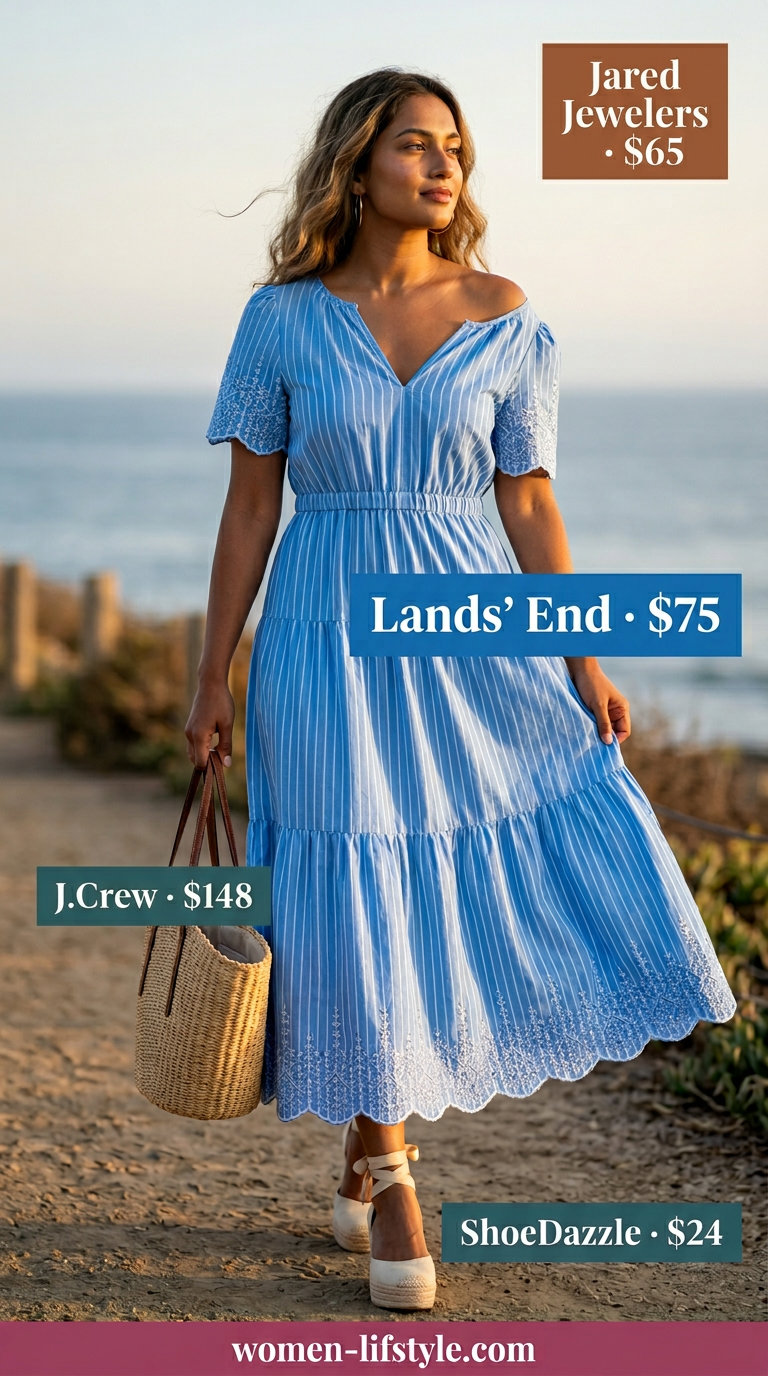Relaxed sky blue maxi dress with espadrille wedges for summer evening date outfits women 2026. Coastal and feminine.