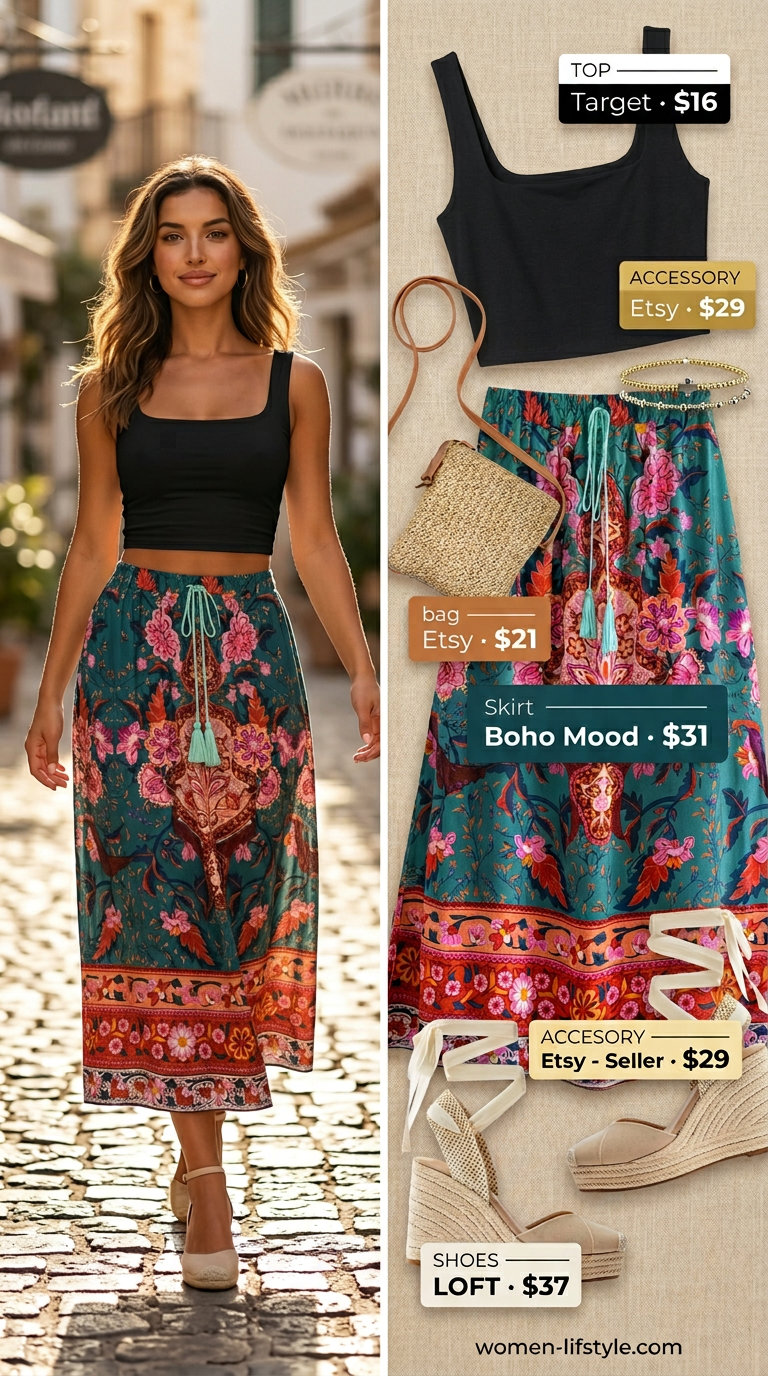 Deep teal floral maxi skirt outfit for bohemian evening date outfits summer for women 2026. Black tank, espadrilles, straw bag.