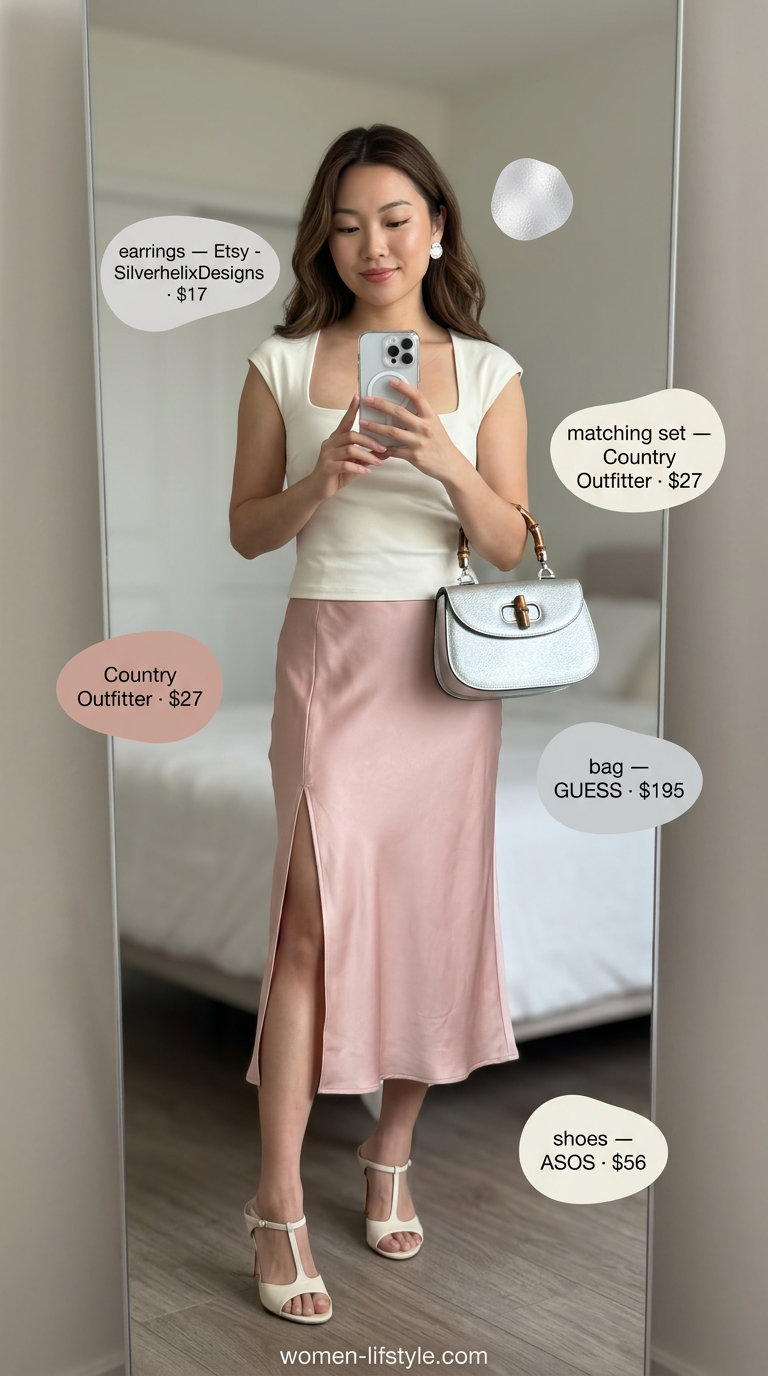 Sophisticated blush pink satin midi skirt set for summer evening date outfits women 2026. Elegant and minimalist.