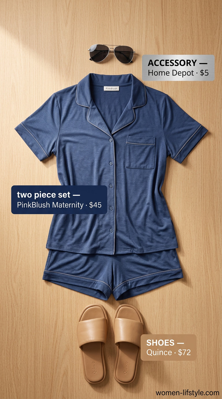 Navy shorts set for casual evening date outfits summer for women 2026. Tan slides, canvas tote, aviator sunglasses.