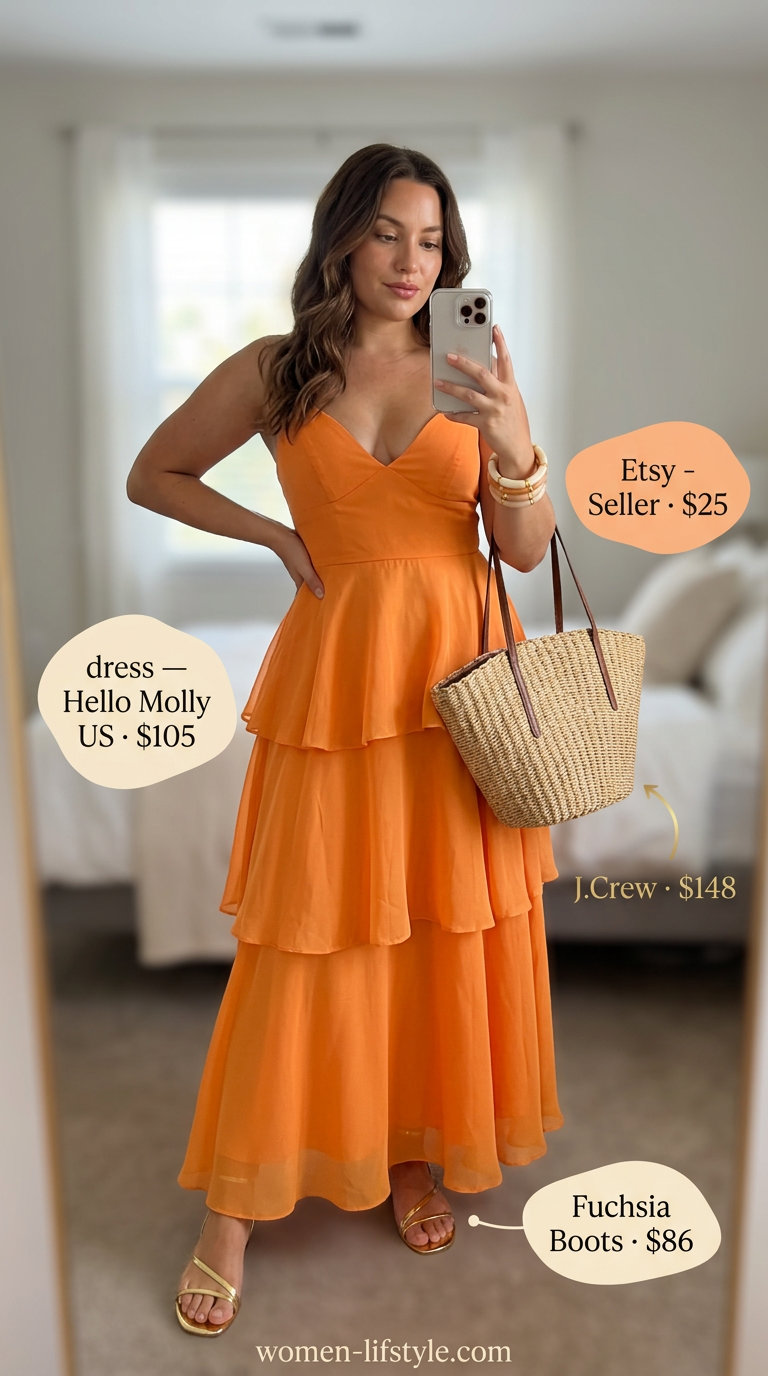 Sunset orange maxi dress for romantic evening date outfits summer for women 2026. Gold sandals, straw tote, stacked bangles.