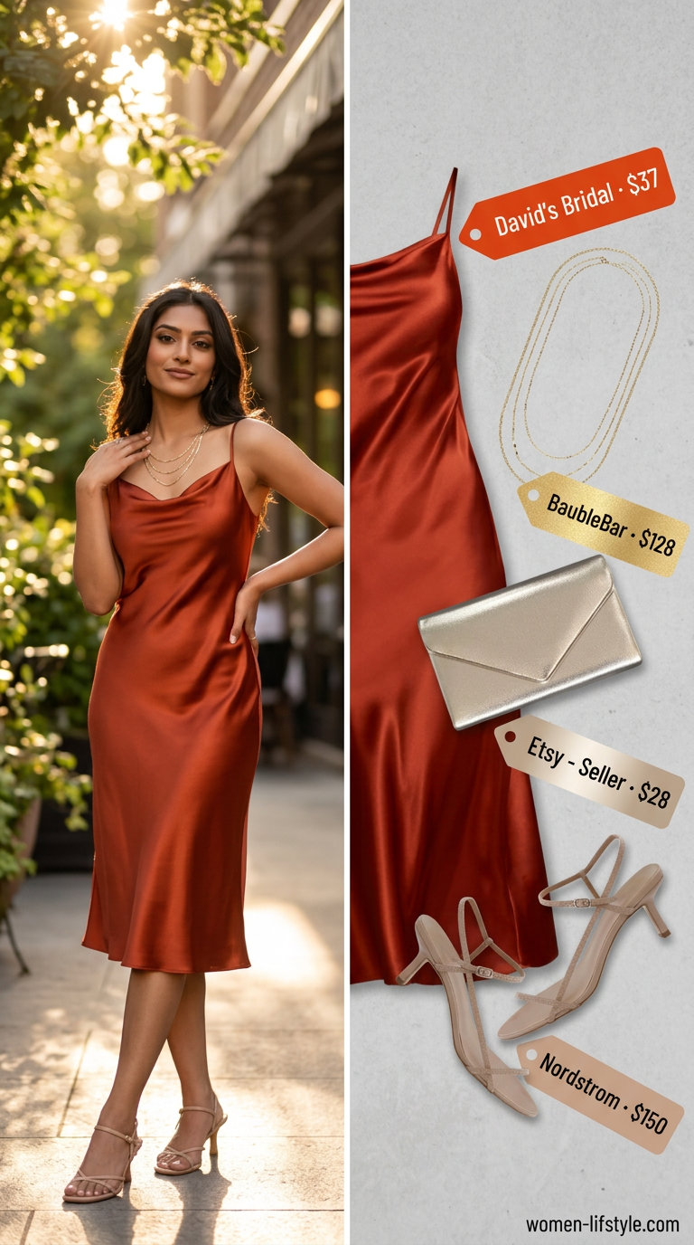 Coral slip dress for glamorous evening date outfits summer for women 2026. Nude heels, gold necklaces, gold clutch.