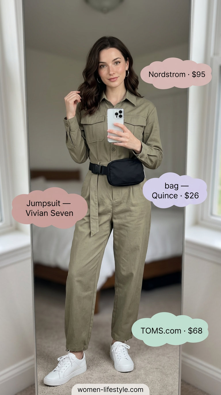 Khaki utility jumpsuit for cool evening date outfits summer for women 2026. White sneakers, black belt bag, silver hoops.