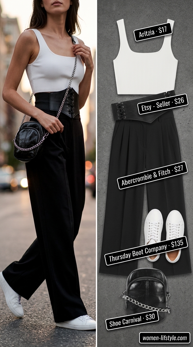 Black wide-leg trousers outfit for women, ideal for urban evening dates and city exploration in 2026.