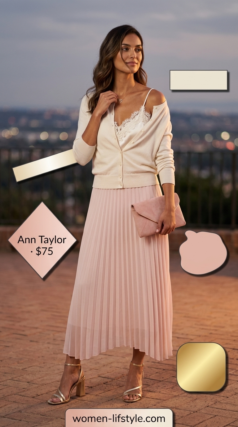 Blush pink pleated midi skirt outfit for women, perfect for romantic summer dates and evening events 2026.