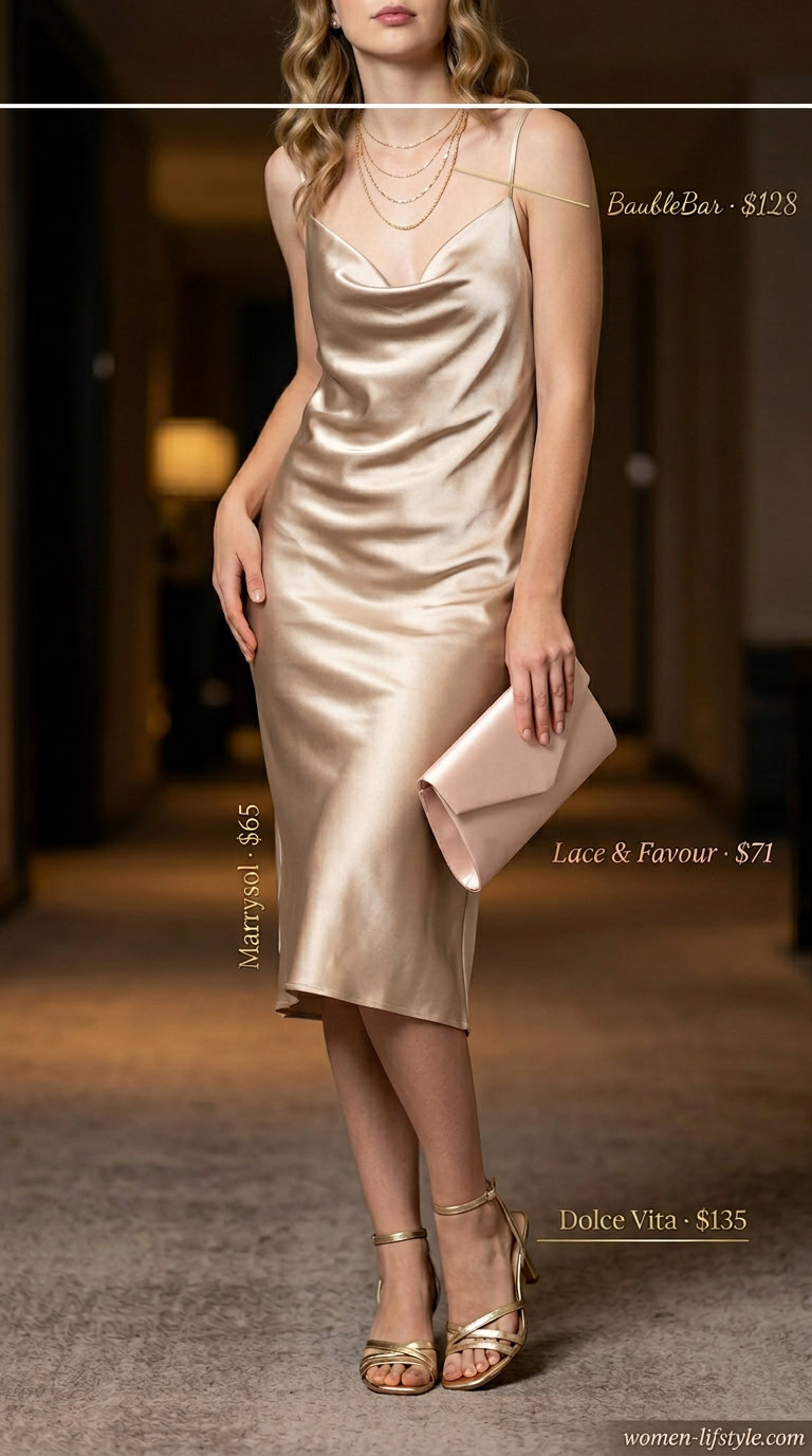 Champagne satin slip dress outfit for women, ideal for summer date nights and cocktail parties in 2026.