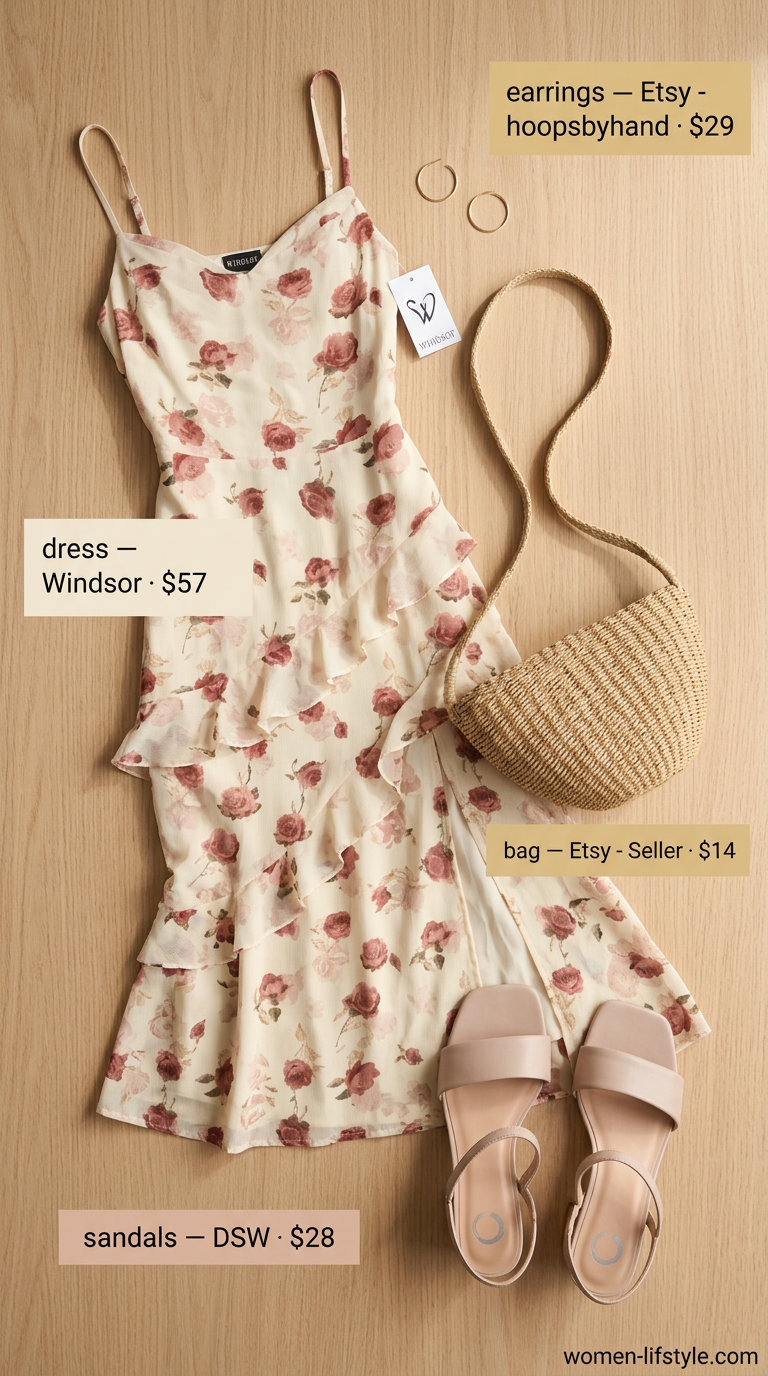 Dusty rose floral print midi dress for women, perfect for romantic summer dates and garden parties in 2026.