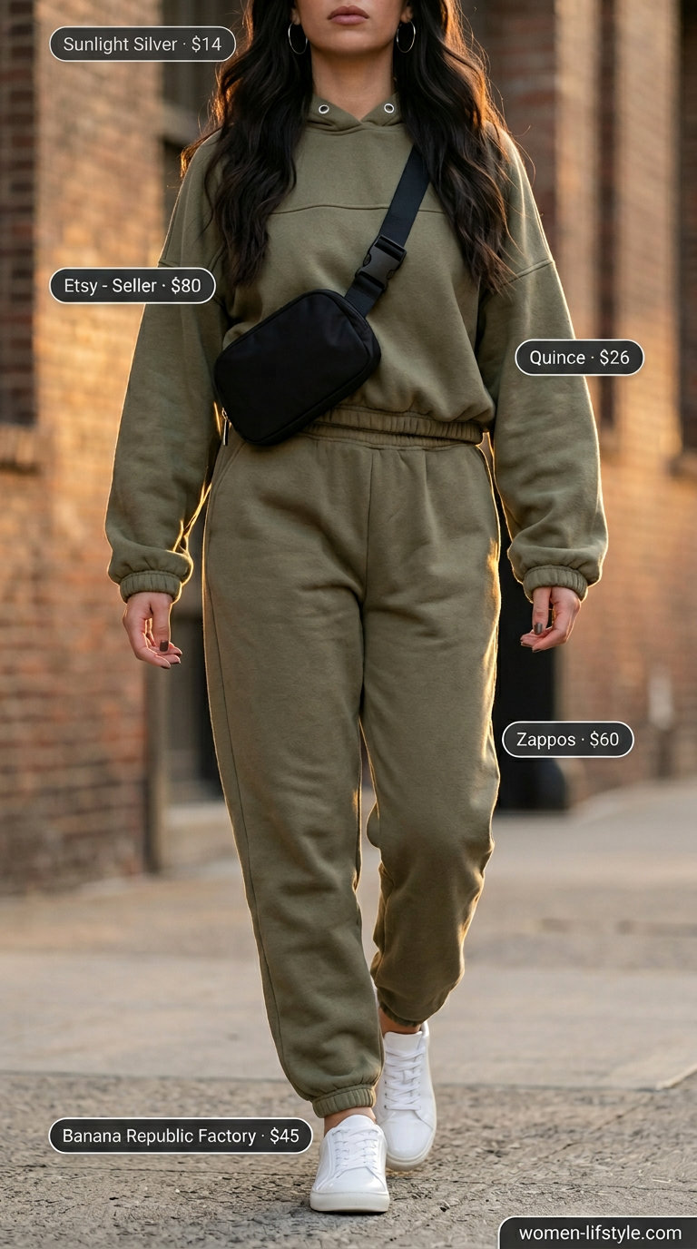 Olive green athleisure matching set for women, ideal for casual date nights and relaxed evenings in 2026.