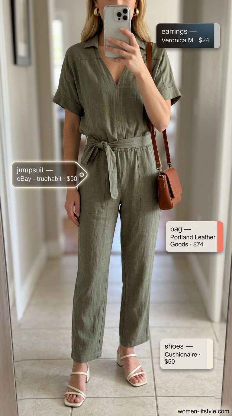 Olive green linen jumpsuit for women, perfect for casual evening dates and summer dinners in 2026.