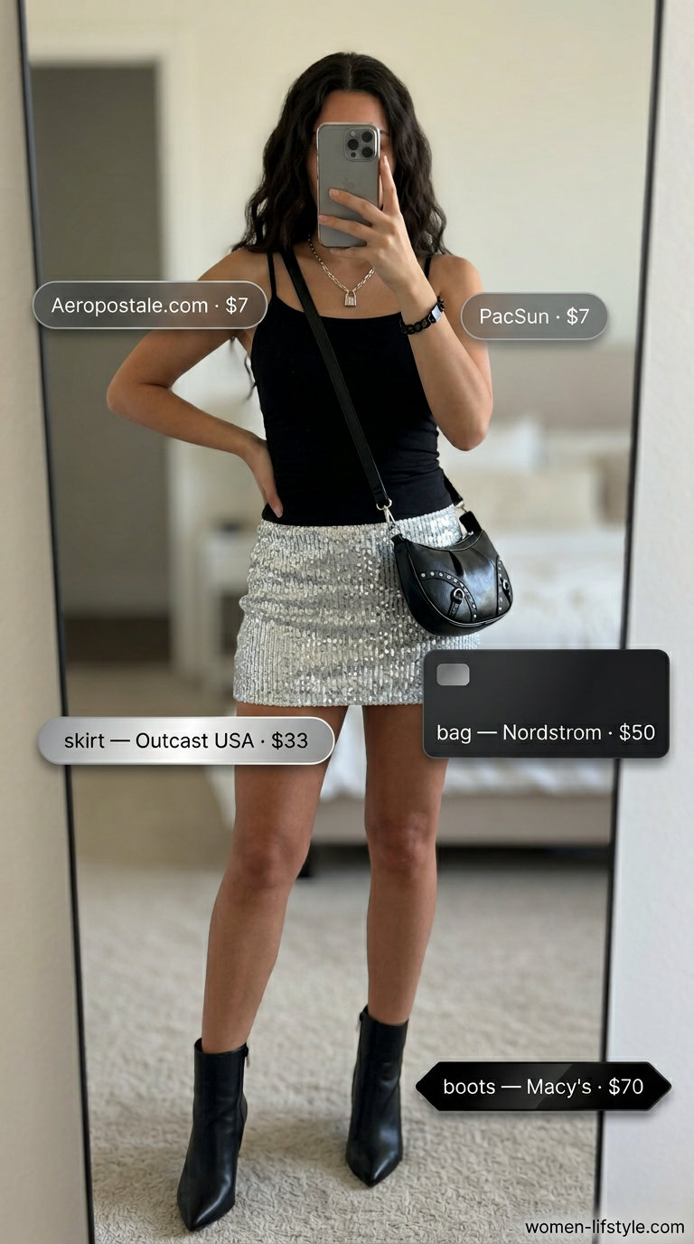 Silver sequin mini skirt outfit for women, perfect for party nights and festive summer dates in 2026.