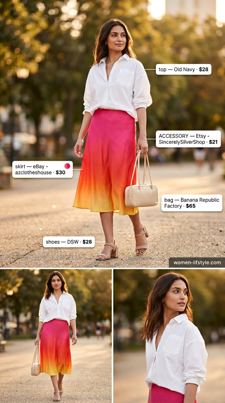 Orange, yellow, pink gradient midi skirt outfit for women, ideal for summer social events and casual evening dates 2026.