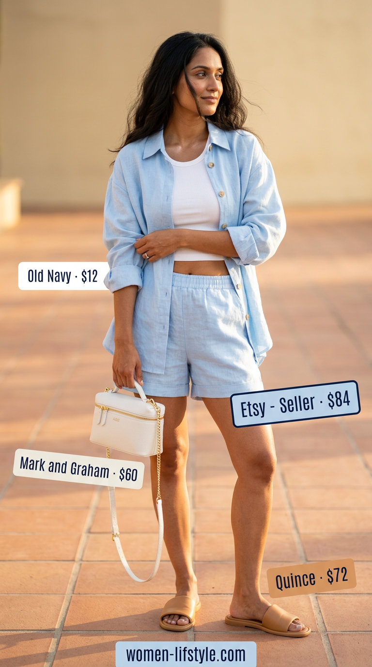 White linen shorts set for women, perfect for casual summer dates and resort wear in 2026.