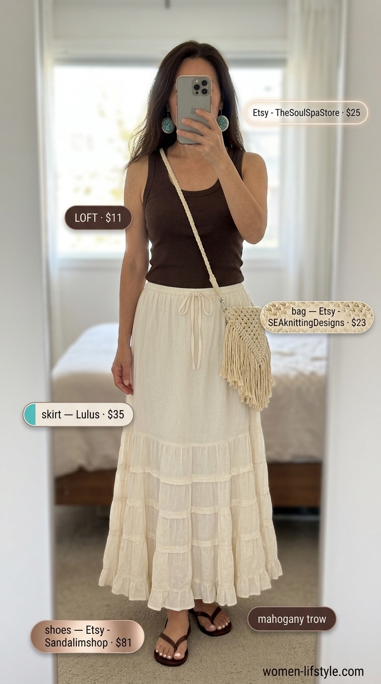 Flattering summer outfit for women over 50 2026: Cream maxi skirt, brown tank, turquoise earrings for bohemian retreat.