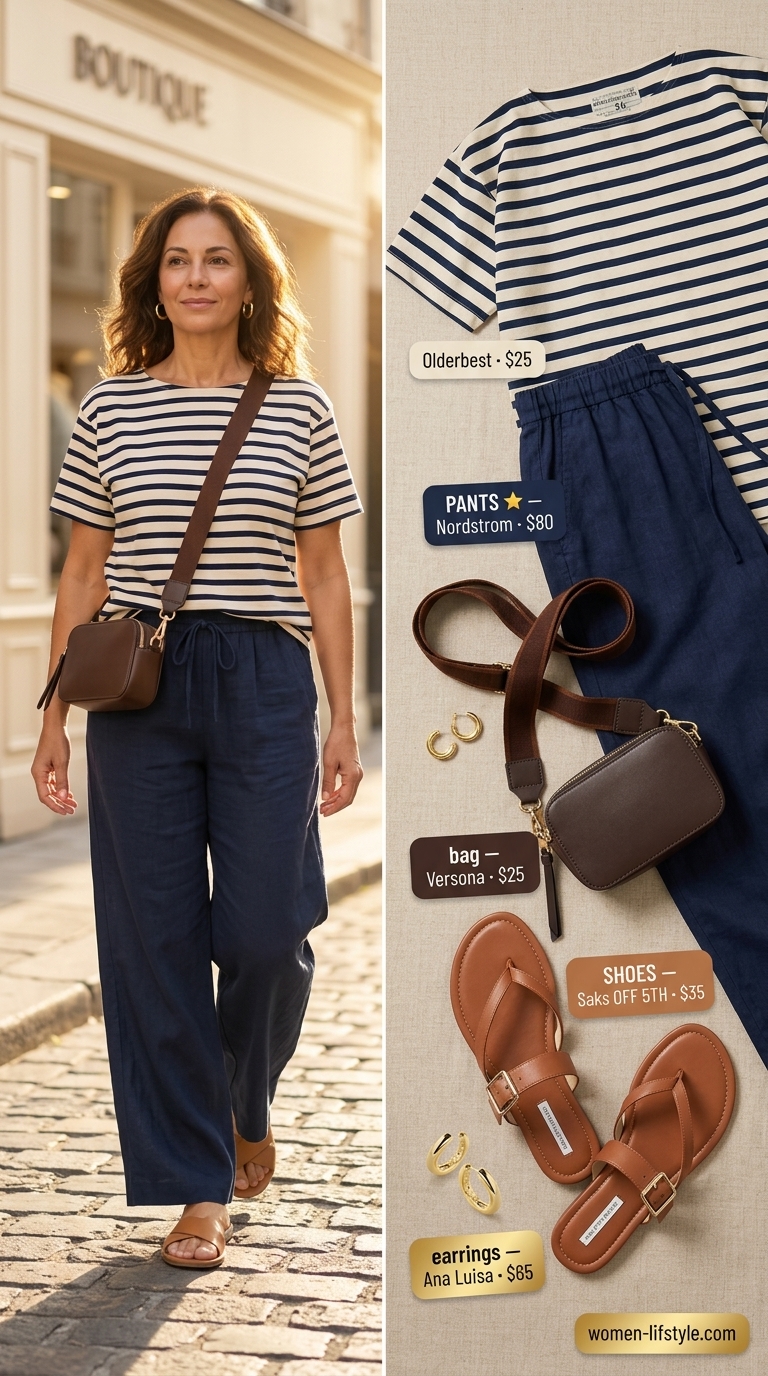 Flattering summer outfit for women over 50 2026: Navy wide-leg pants, striped top, tan slides for coastal evening.