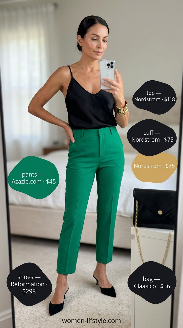 Flattering summer outfit for women over 50 2026: Emerald green trousers, black camisole, gold cuff for gallery opening.