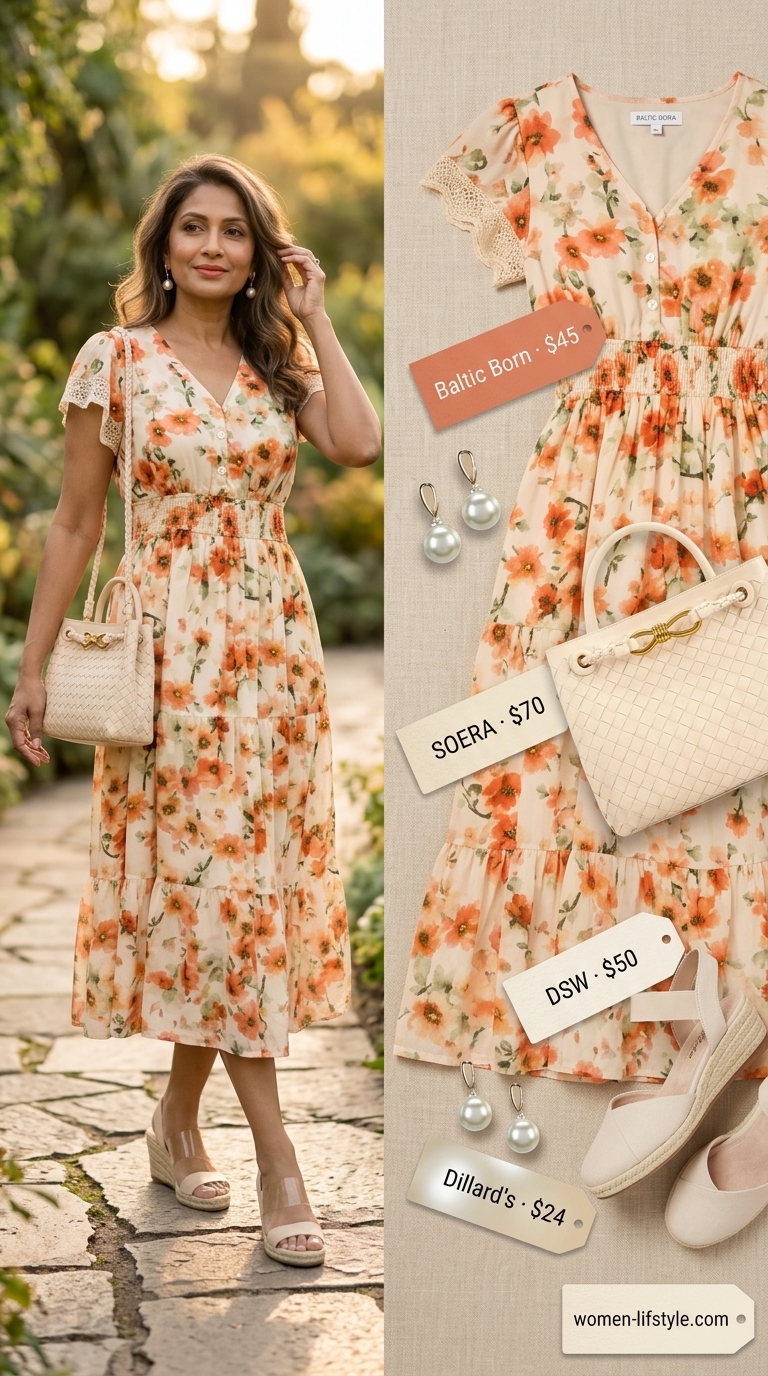 Flattering summer outfit for women over 50 2026: Coral floral dress, wedge espadrilles, woven bag for garden brunch.