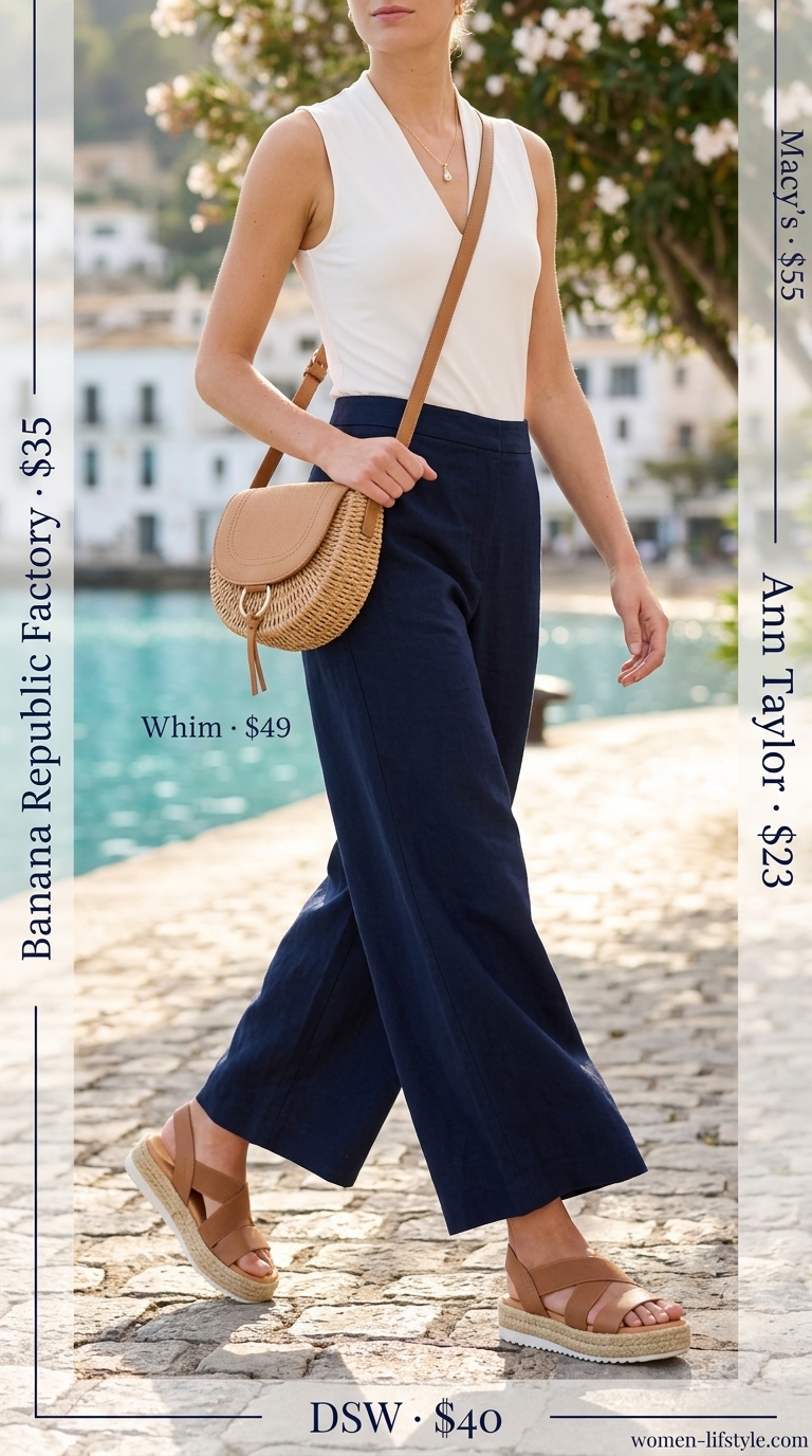 Flattering summer outfit for women over 50 2026: Navy wide-leg pants, white top, straw bag for Riviera brunch.