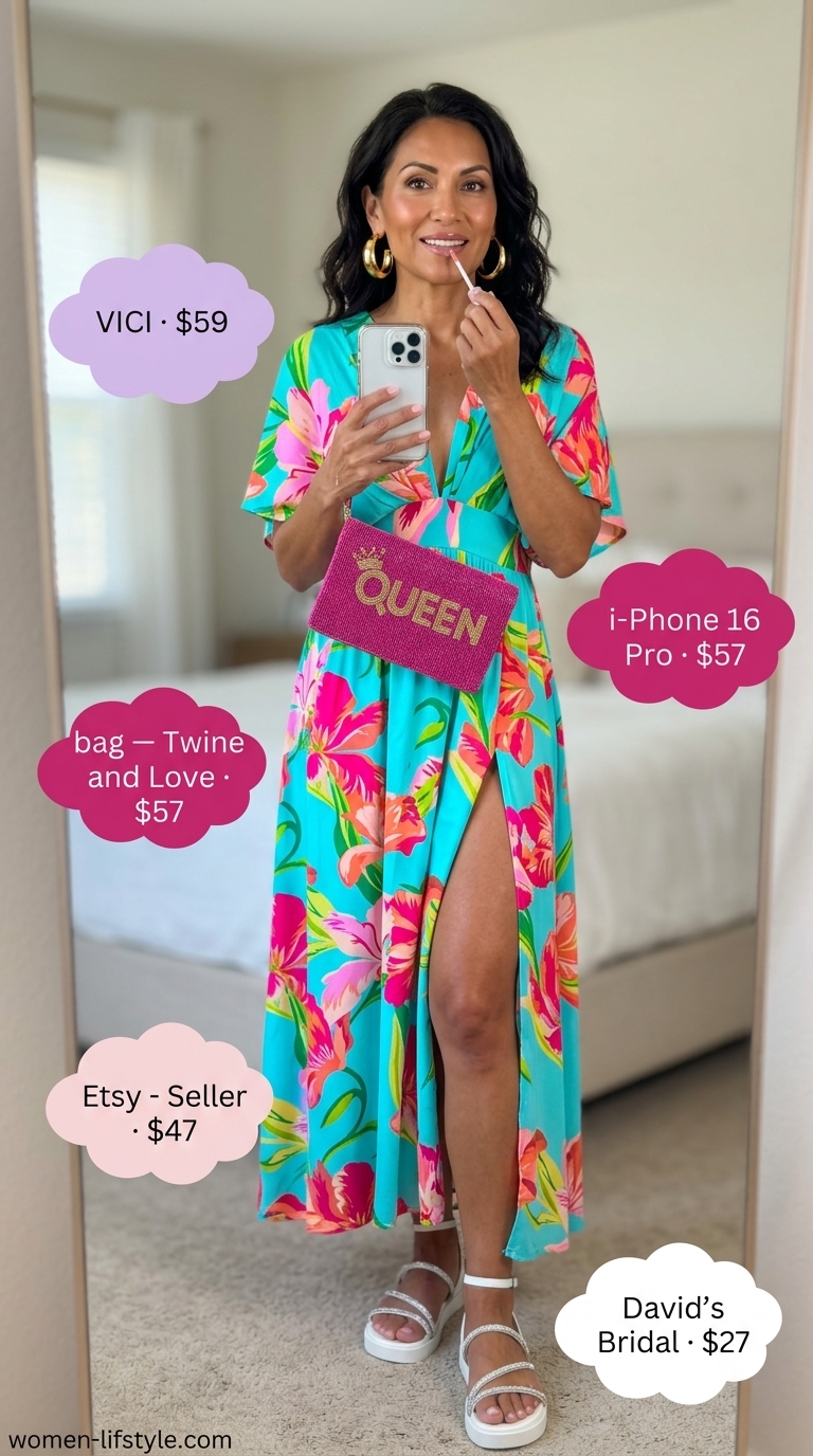 Flattering summer outfit for women over 50 2026: Turquoise maxi dress, fuchsia clutch, gold earrings for tropical vacation.