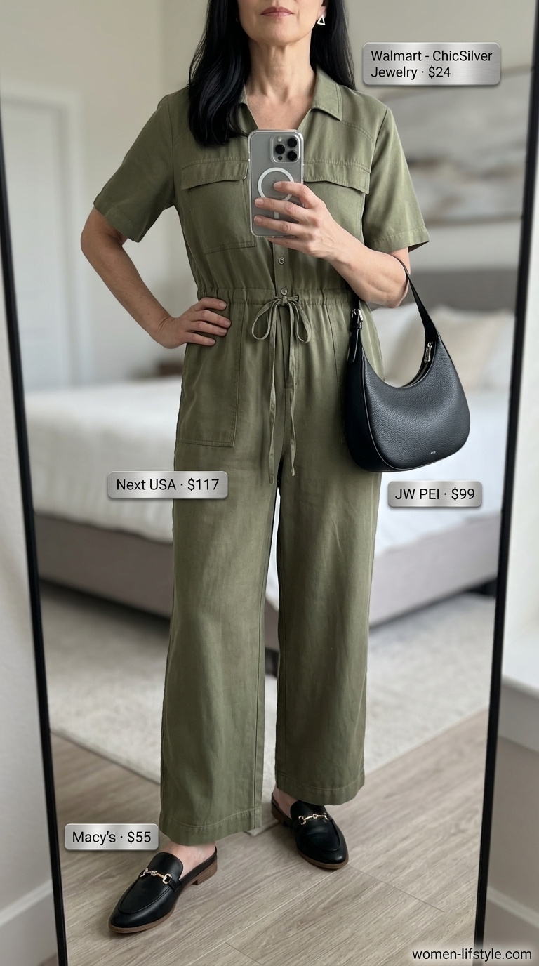 Flattering summer outfit for women over 50 2026: Olive green jumpsuit, black bag, silver earrings for urban safari.