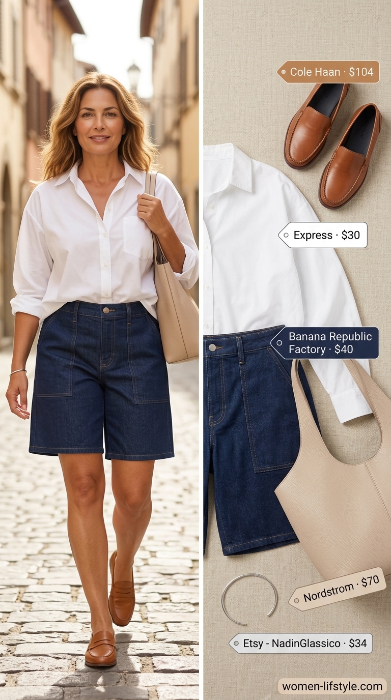 Flattering summer outfit for women over 50 2026: White shirt, denim shorts, loafers for weekend exploration.