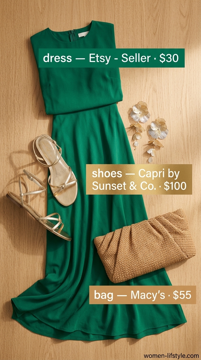 Flattering summer outfit for women over 50 2026: Emerald green caftan dress, gold earrings, raffia clutch for beach dinner.