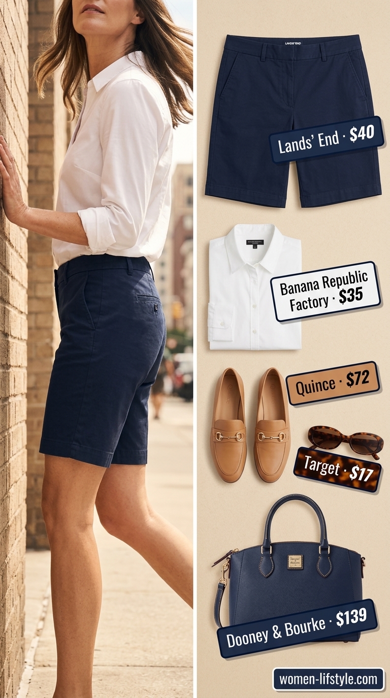 Flattering summer outfit for women over 50 2026: Navy shorts, white shirt, tan loafers, tortoise sunglasses.