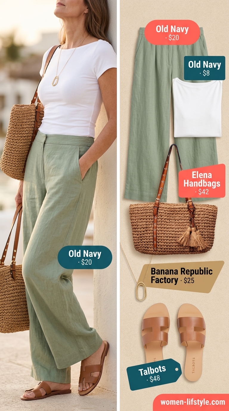 Flattering summer outfit for women over 50 2026: Sage linen pants, cream knit top, straw tote, tan slides.