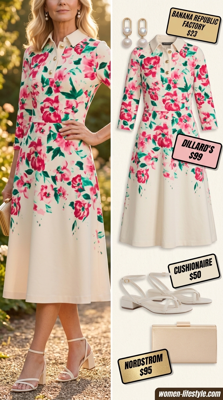 Flattering summer outfit for women over 50 2026: Floral midi dress, cream block heels, pearl earrings.