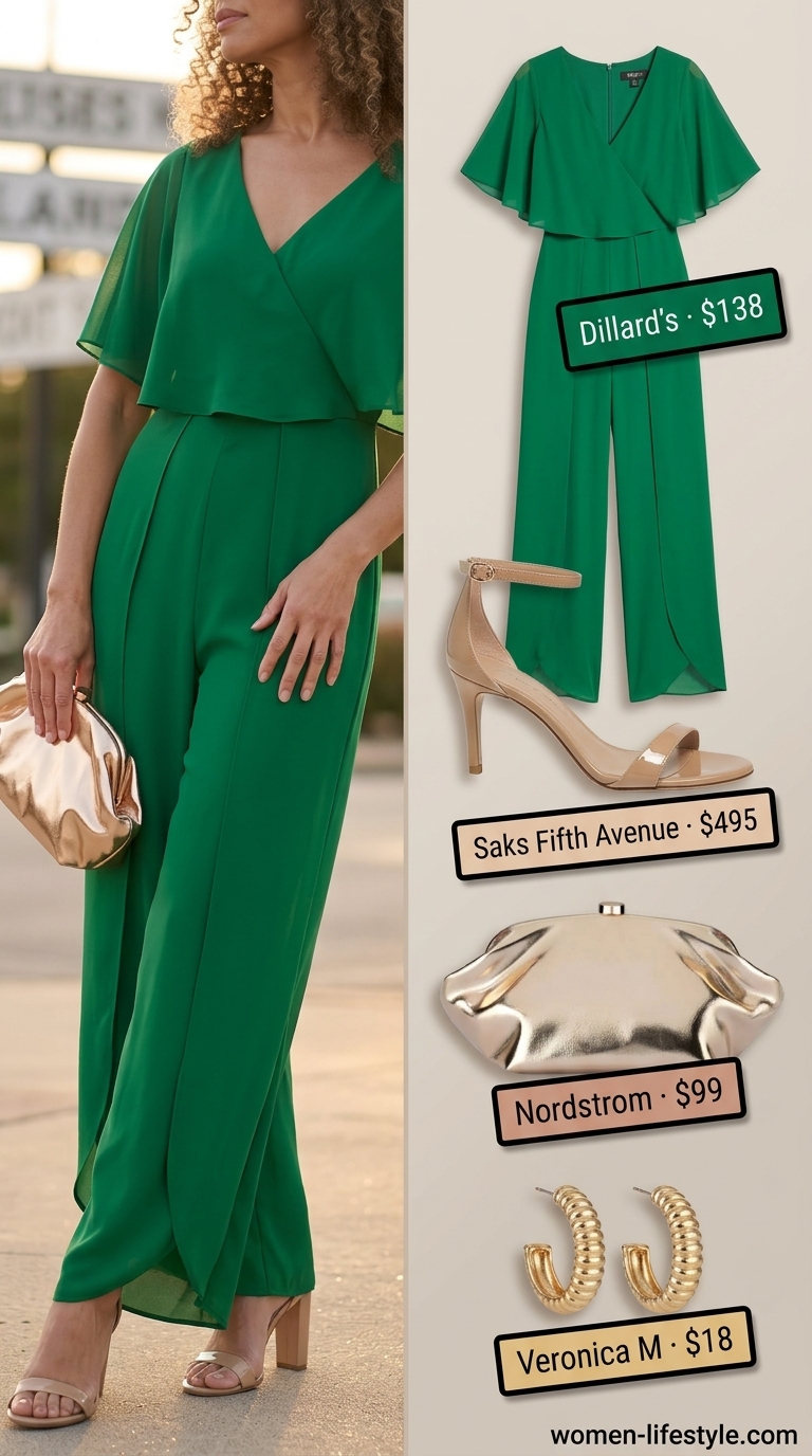Flattering summer outfit for women over 50 2026: Emerald green wide-leg jumpsuit, gold clutch, nude heels for evening event.
