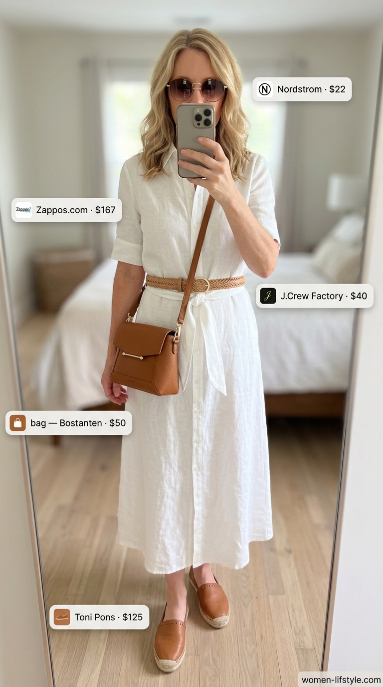 Flattering summer outfit for women over 50 2026: White linen midi dress, tan espadrilles, gold sunglasses.