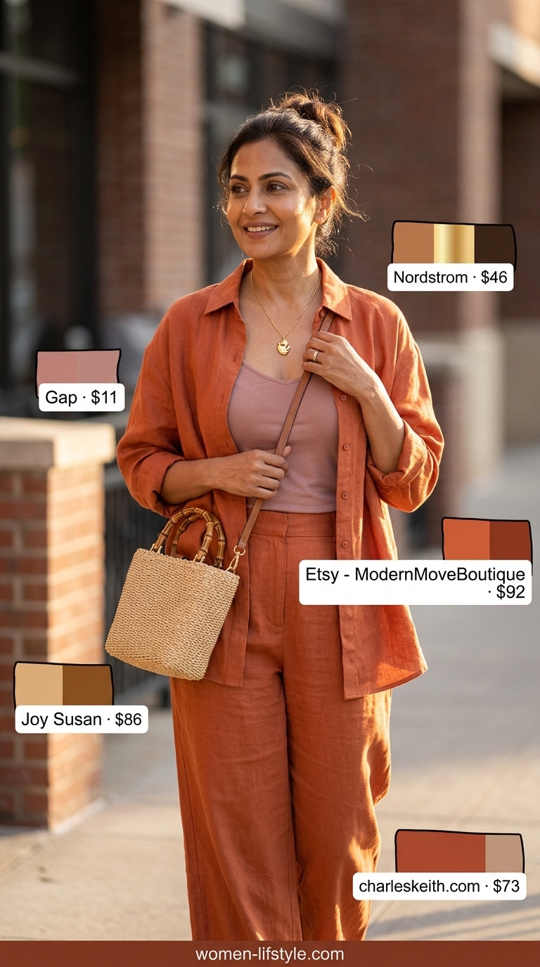 Flattering summer outfit for women over 50 2026: Terracotta linen set, cream cami, woven crossbody.