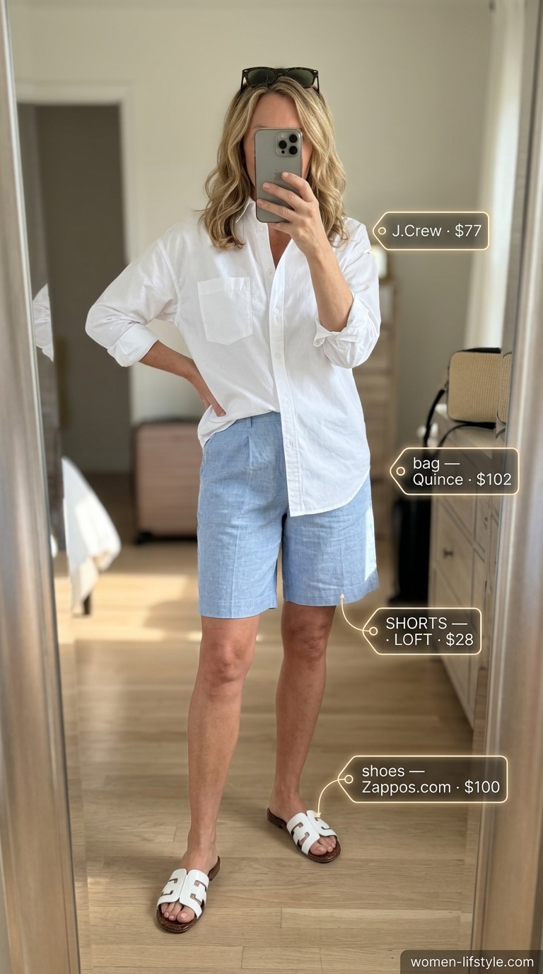 Flattering summer outfit for women over 50 2026: Sky blue linen shorts, white button-down, raffia bag.