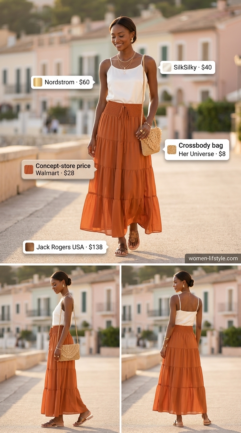 Flattering summer outfit for women over 50 2026: Terracotta maxi skirt, ivory cami, straw bag for bohemian evening.