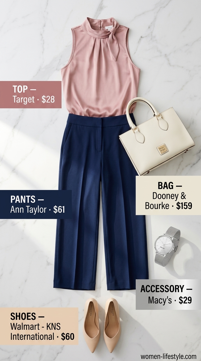 Flattering summer outfit for women over 50 2026: Navy cropped pants, pink blouse, nude heels for office.