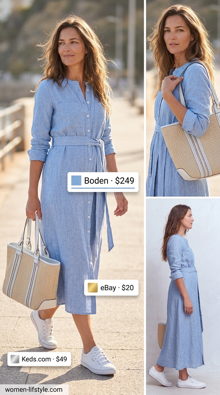 Flattering summer outfit for women over 50 2026: Sky blue linen shirt dress, white sneakers, straw tote for resort wear.