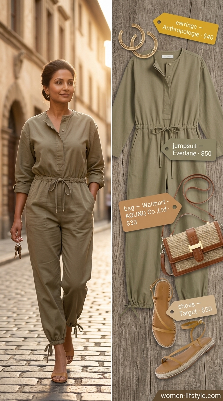 Flattering summer outfit for women over 50 2026: Khaki green utility jumpsuit, tan crossbody, gold earrings for safari adventure.
