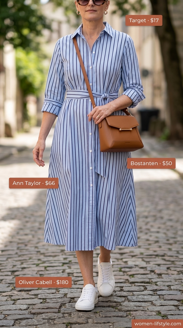 Flattering summer outfit for women over 50 2026: Light blue stripe shirt dress, white sneakers, cognac bag for lunch date.