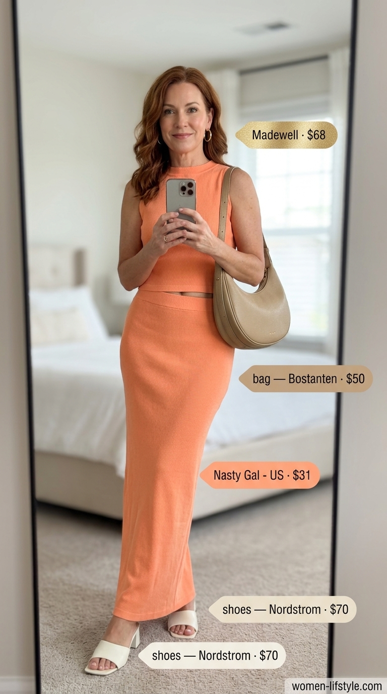 Flattering summer outfit for women over 50 2026: Terracotta knit matching set, cream heels, tan bag.