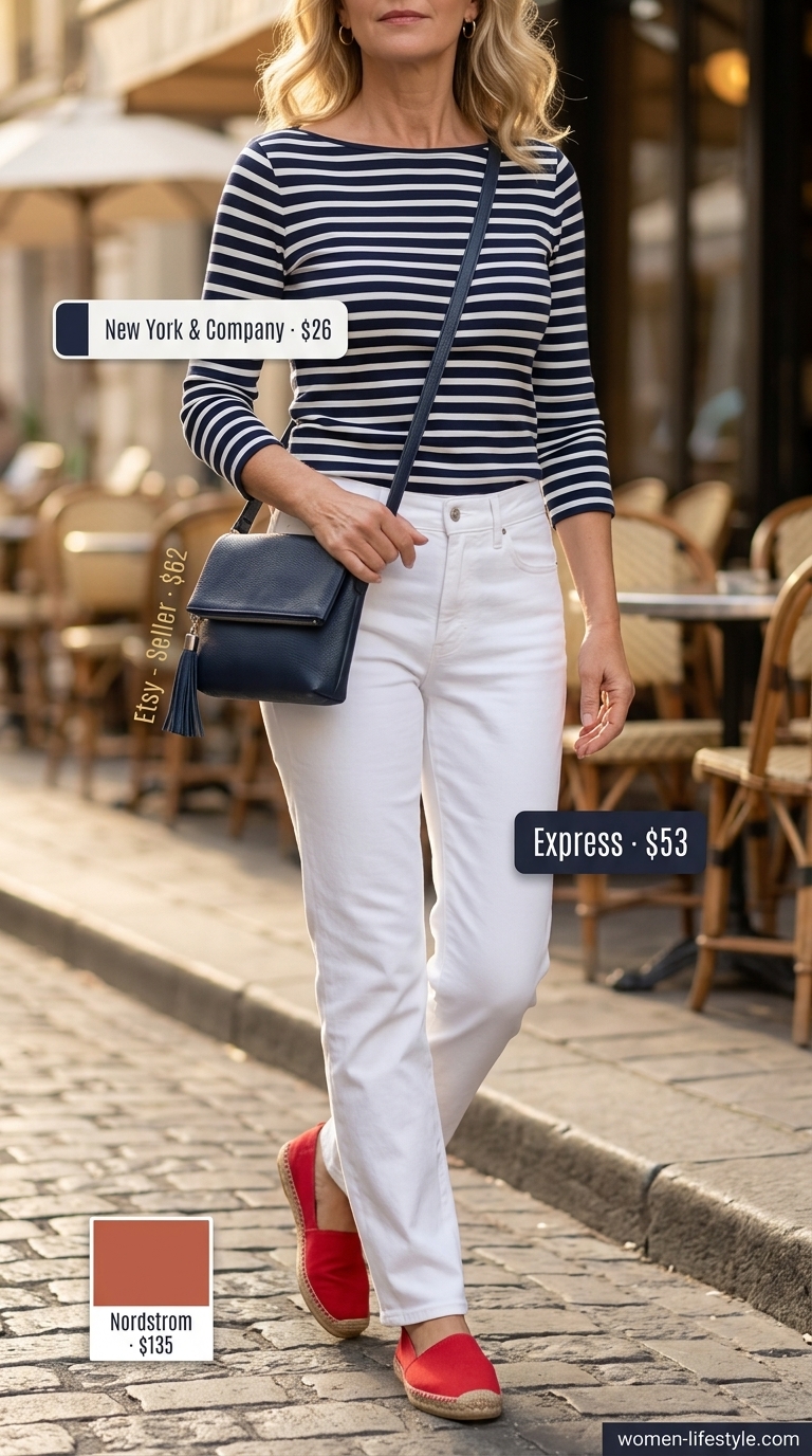 Flattering summer outfit for women over 50 2026: White jeans, striped top, red espadrilles, navy bag.