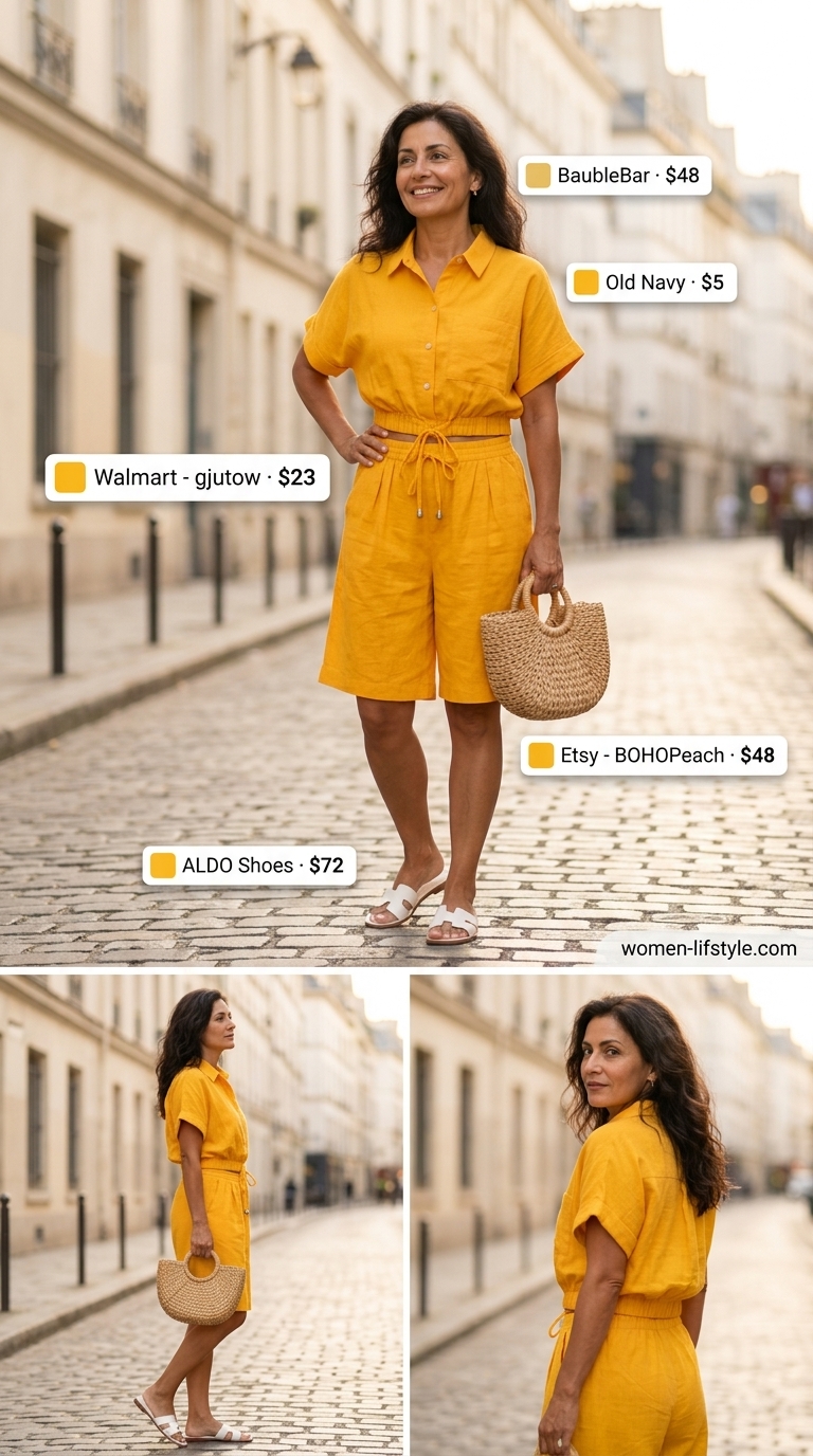Flattering summer outfit for women over 50 2026: Yellow linen matching set, white tank, straw bag for summer lunch.