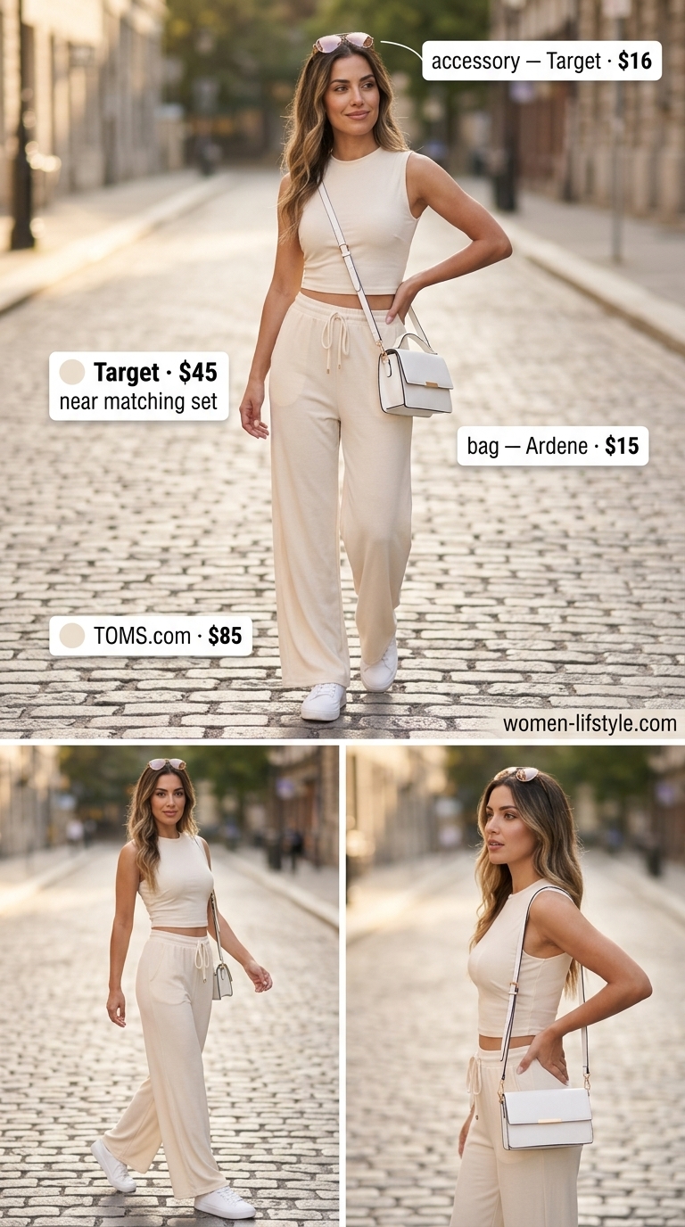 Flattering summer outfits for women over 30 2026: Taupe knit co-ord set with white sneakers and aviator sunglasses.