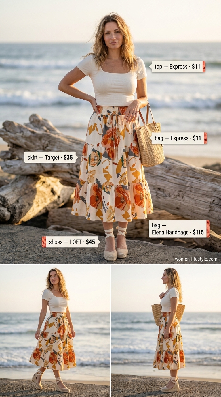 Flattering summer outfits for women over 30 2026: Boho beach look with cream floral midi skirt and white crop top.