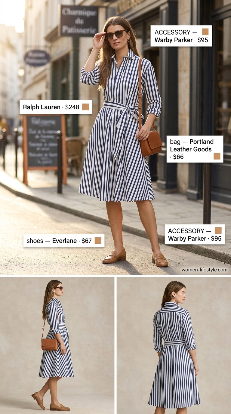 Flattering summer outfits for women over 30 2026: Navy and white striped shirt dress with tan loafers and crossbody bag.