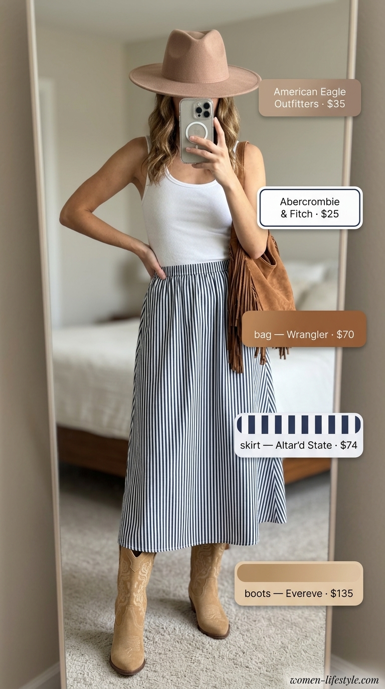 Coastal cowgirl vibes with a striped midi skirt, white tank, and cowboy boots for flattering summer outfits for women over 30 2026.