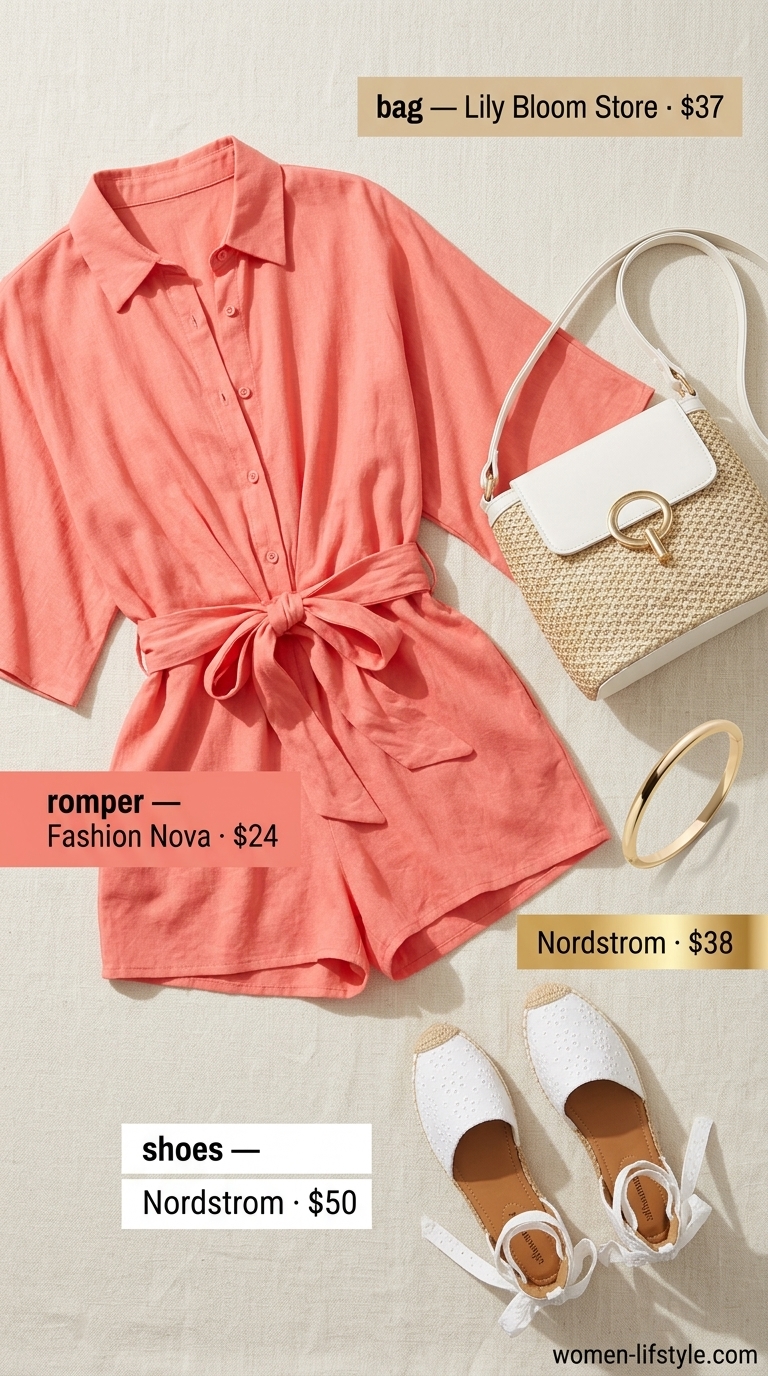 Playful coral romper with straw bag and espadrille sandals for flattering summer outfits for women over 30 2026.