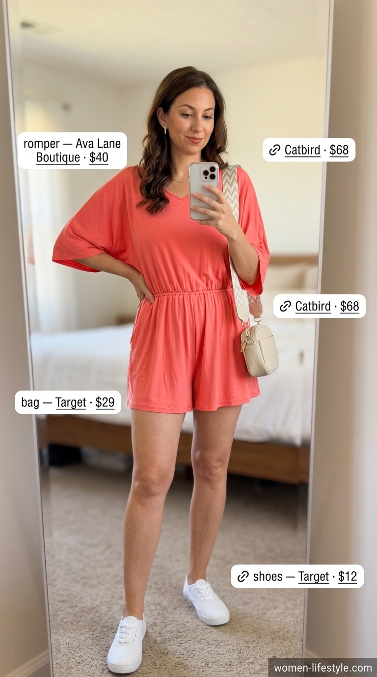 Flattering summer outfit for women over 30 2026: Coral romper, white sneakers, beige crossbody bag, gold earrings.