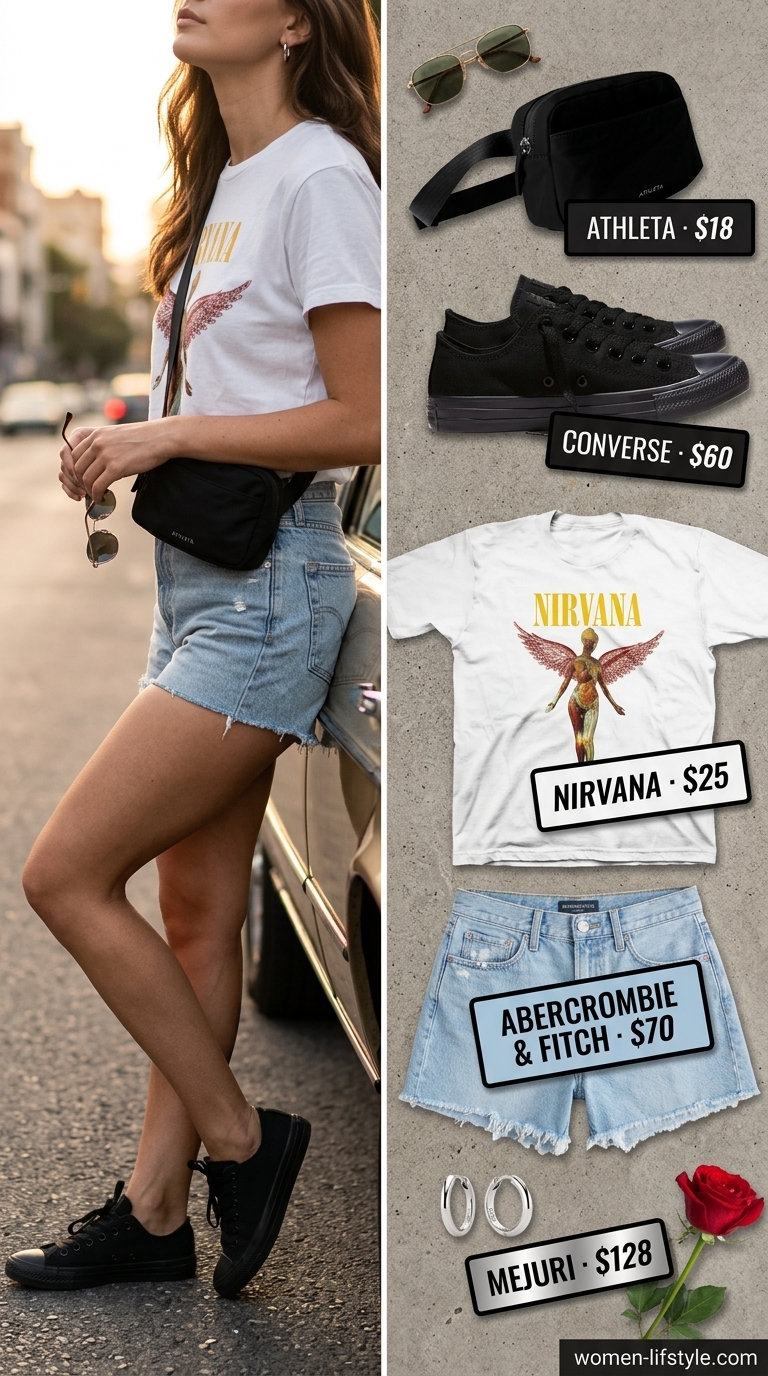 Flattering summer outfits for women over 30 2026: Denim shorts, graphic tee, sneakers, belt bag, silver hoops.