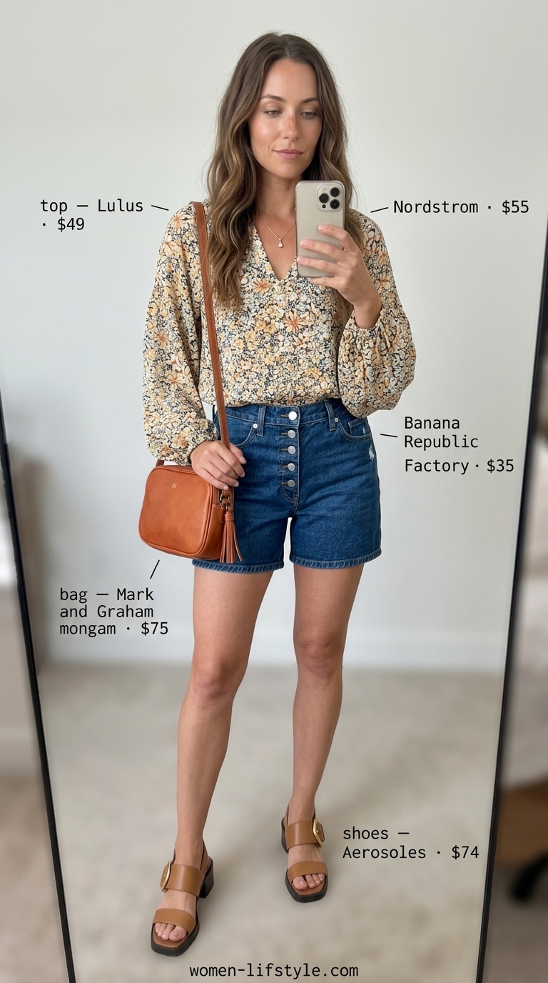 Elevated denim shorts with a multi-color print blouse and tan sandals for flattering summer outfits for women over 30 2026.